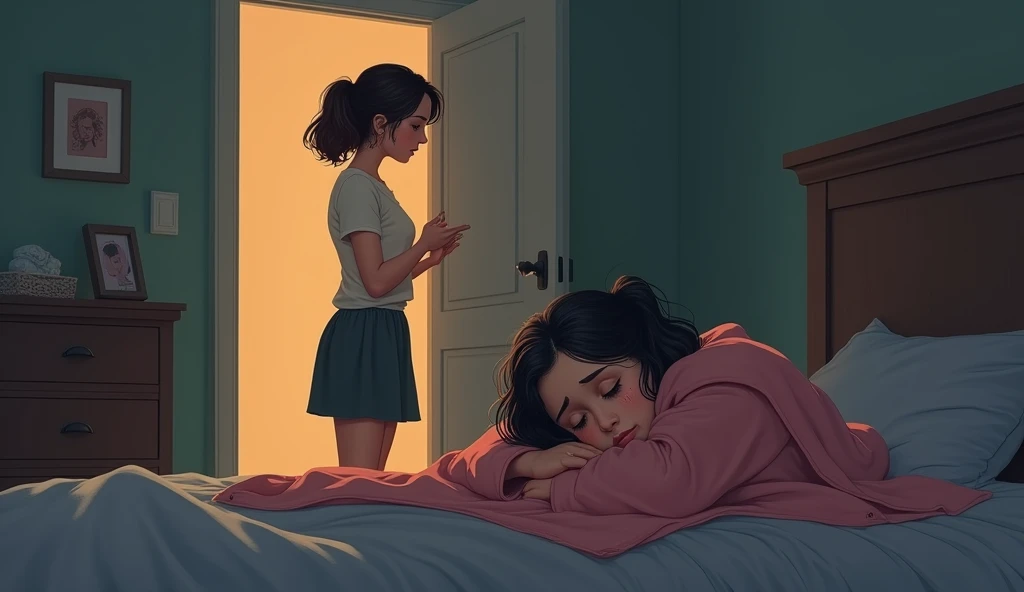 A mother stands in the doorway, looking at her daughter with a mix of concern and sympathy. The young girl is curled up on her bed, tightly clutching the edge of her blanket, with tear stains visible on her cheeks. The mother's expression shows worry and tenderness.