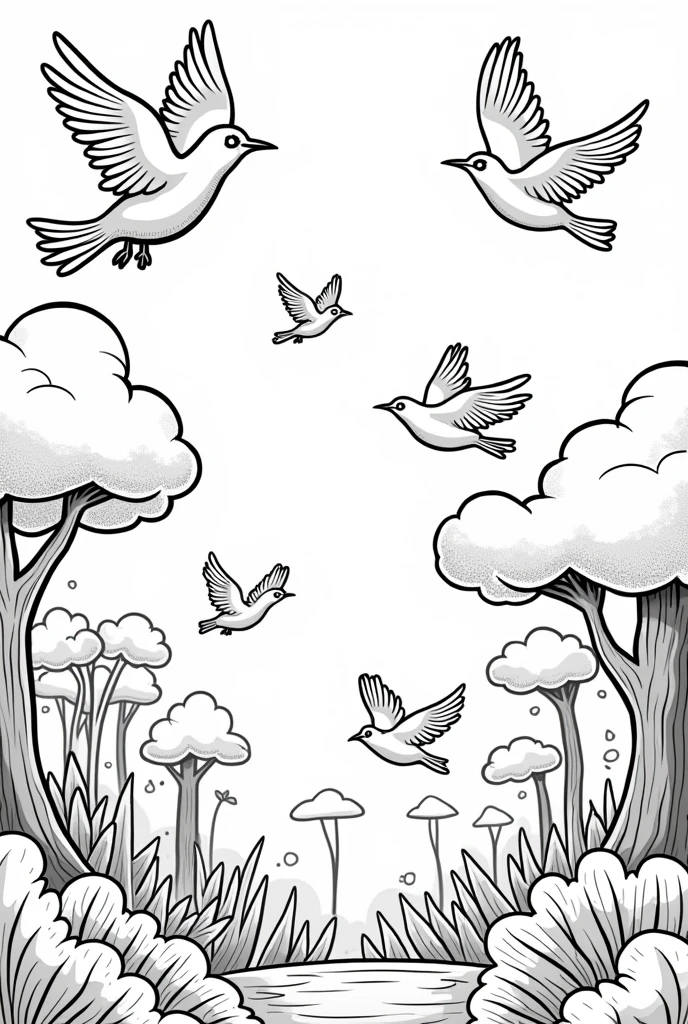 coloring book of birds flying in the forest, no color, cartoon style, thick lines, strokes only, white background