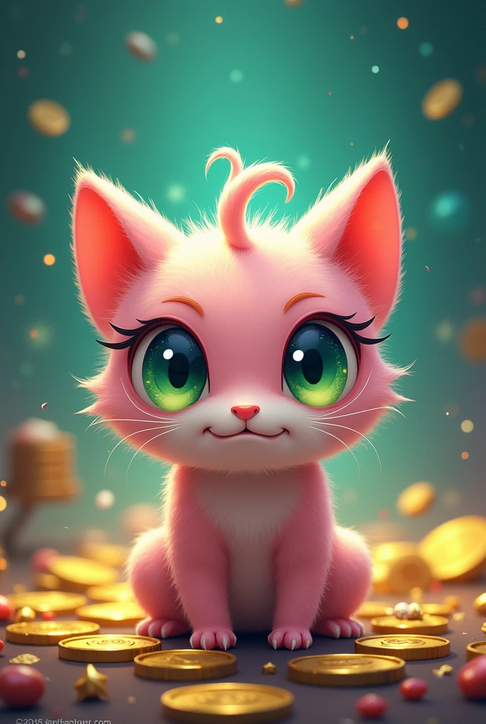 Circular bristle, small appearance, pastel pink color, large eyes, shiny and green gradient with blue, eyelashes, the face was like a cat type, an angry expression with 2 small fangs, and 3 hairs on the head, pon bling, gold coins and gems, In the background put a green background with blue and stars