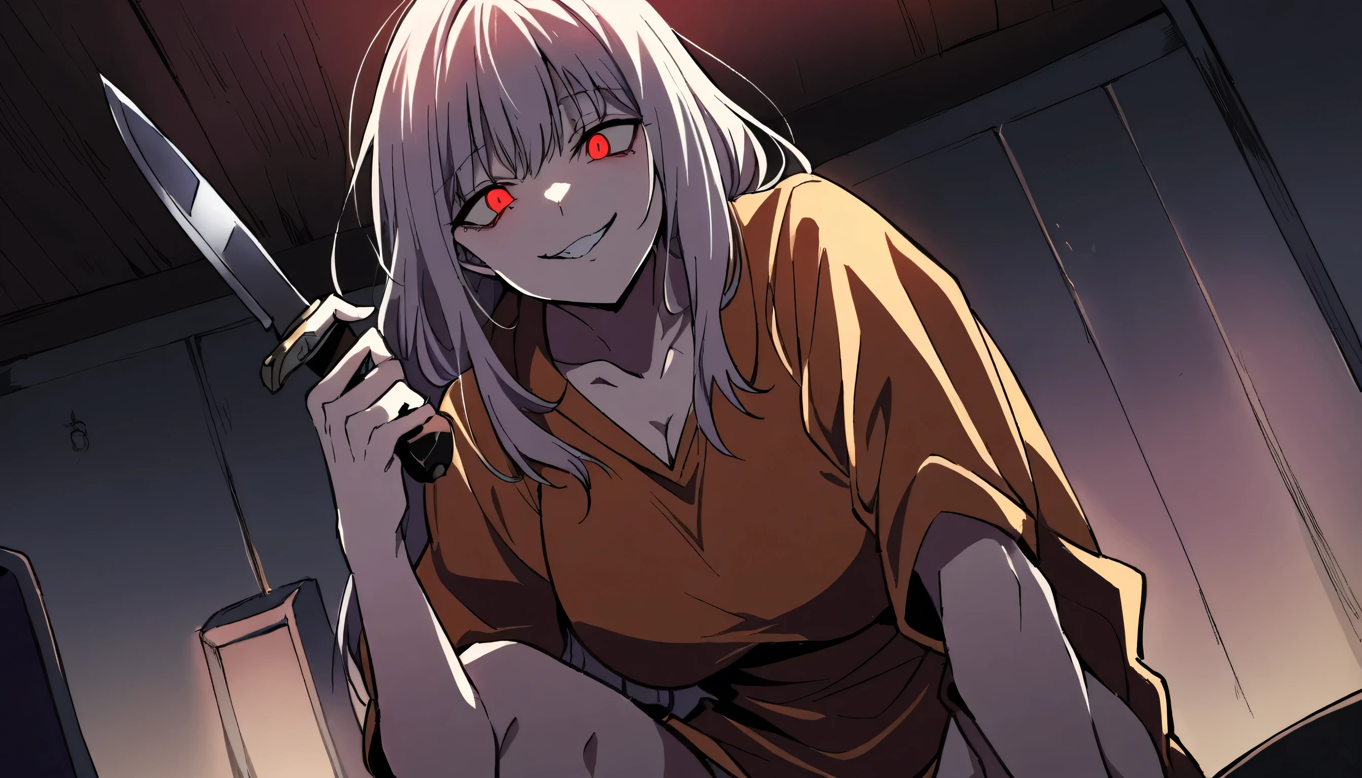 1 yandere girl big chest sitting on knees looking downside, evil smile lit room, mysterious bloody knife in hand, short clothes image from down looking at me