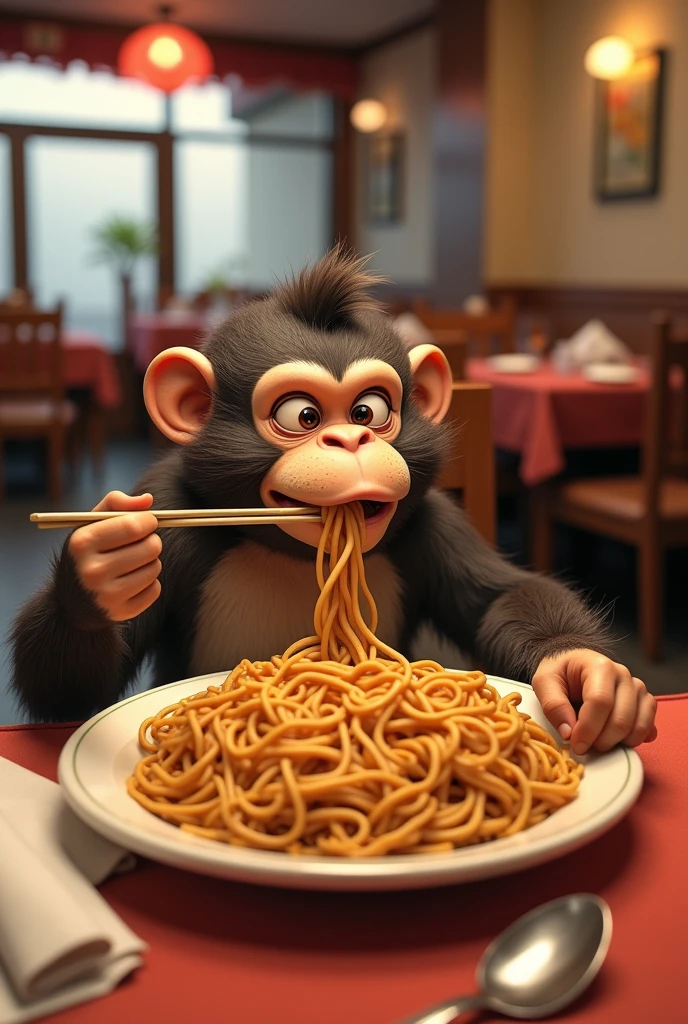 Funny monkey character eating chowmin in a restaurant and no one around him

