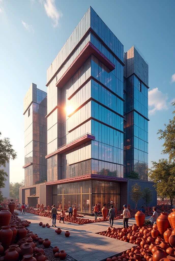 Square 30 floor building with dycrolic glasses, construction, workers working show clay pot festival janmashtami beautiful background merge with atmosphere