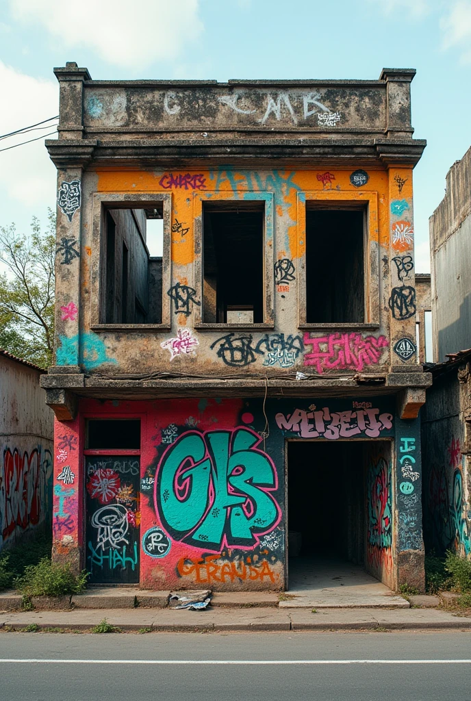 Abandoned store diorama, with graffiti, graffiti, windowless two-story building in brazil