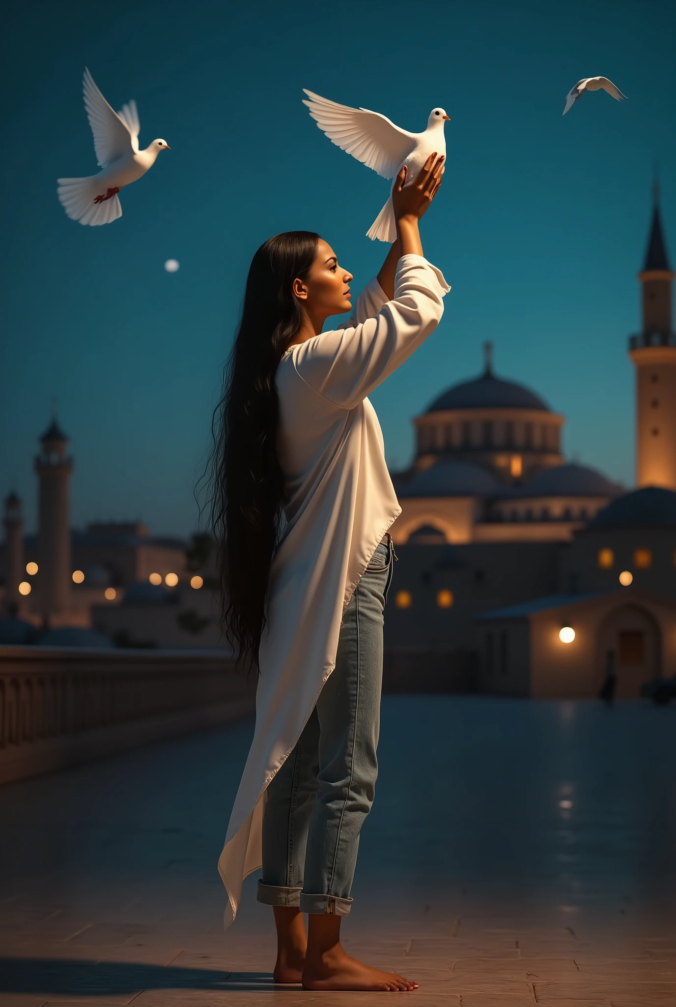 (Femme), marocaine, seule, la femme aux cheveux longs, résistante (la femme porte un jean, une chemise en satin de soie, pieds nus), tenant dans ses mains une colombe blanche, levant les mains au-dessus, une colombe volant dans le ciel, photo (plan moyen), photo, gros plan, point de vue, arrière-plan (nuit, au-dessus du toit et près du mur du toit, mosquée marocaine, maisons éloignées, fenêtres éclairées, plafond, veilleuse), (photoréaliste, haute qualité, meilleur qualité : 1,55),