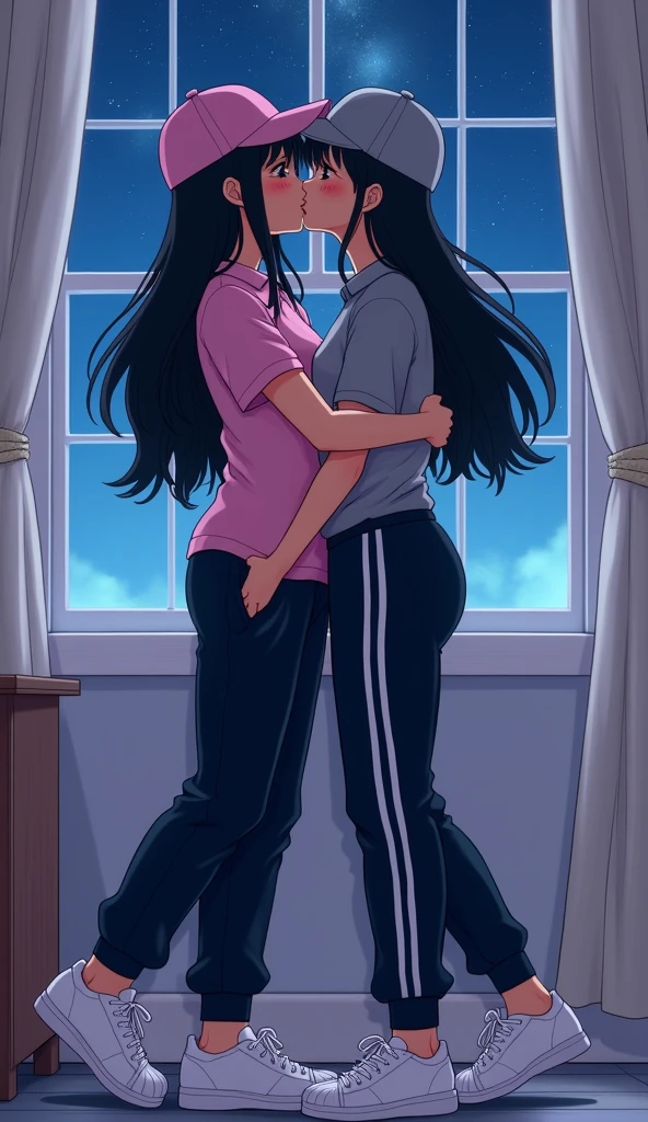 Two girls long black hairs, yuri

The first girl wear a pink polo shirt, pink cap, black sweatpants with three white stripes, pink polo shirt tucked into black sweatpants, white socks, white adidas sneakers

The second girl wore a grey polo shirt, grey cap, black sweatpants with three white stripes, grey polo shirt tucked into black sweatpants, white socks, white adidas sneakers

French kiss, lesbian kiss, hugging, sensual body, closed eyes, the first girl used right hands insert into under black sweatpants of the second girl, lying on the bed, bedroom, fantastic night blue sky, novel cartoon, 4K, HD