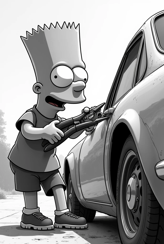 Bart Simpson in black and white standing with pliers trying to open the car window