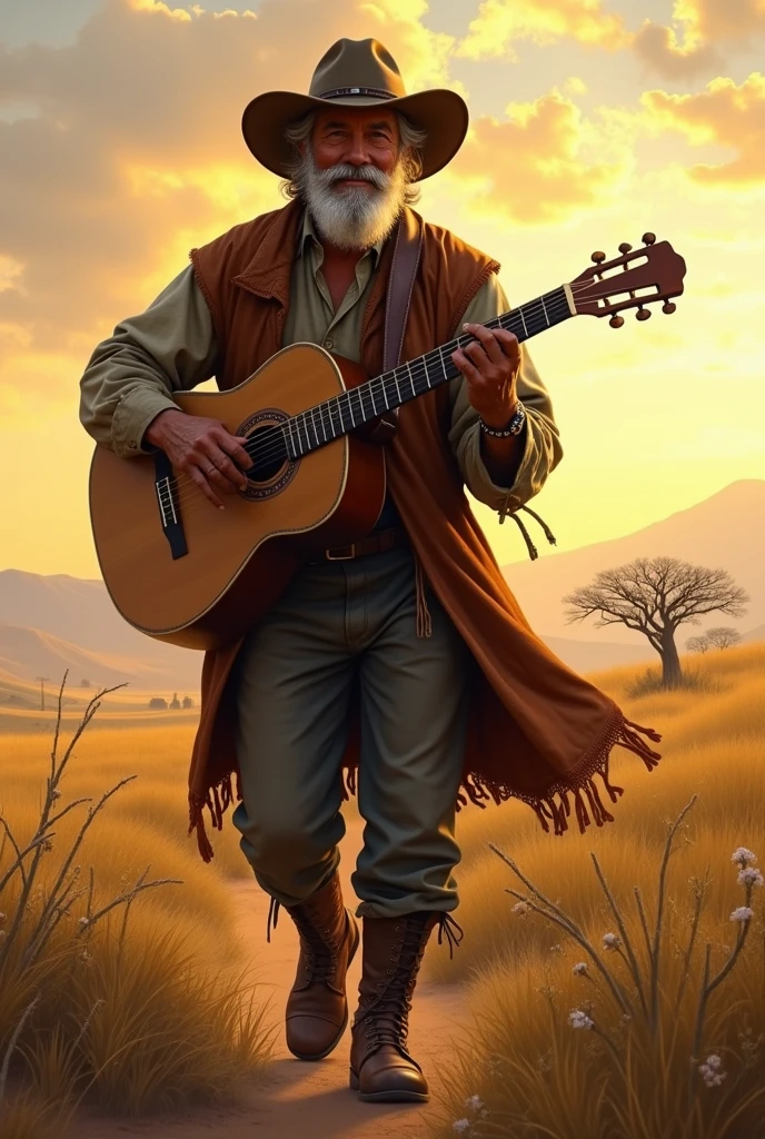 a gaucho creole man in his 50's walking playing the creole guitar