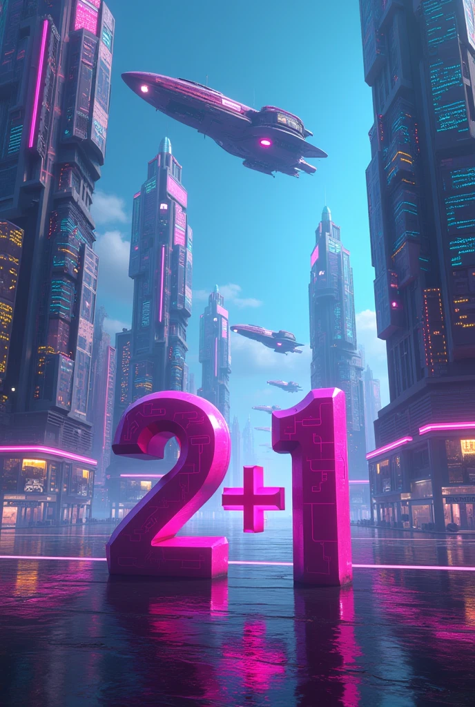 futuristic image with the number two, the plus sign and the number one put buildings in the background and ships very colorful and with more bright lights and neon