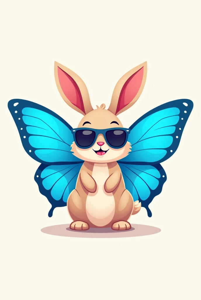 Simple art logo of a "rabbit with exotic blue butterfly wings, and wearing sunglasses"
