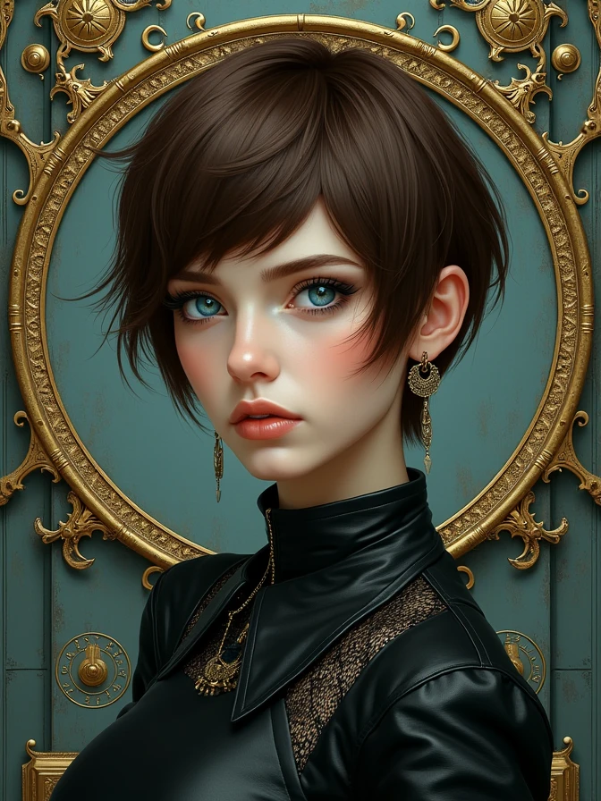 one Beautiful woman. Dark brown hair, pixie haircut. blue eyes. daring outfit. goth tomboy. maidenly charm. space soldier knightly nun. Dark sci-fi. Warhammer 40k. Dieselpunk. baroque oil painting.