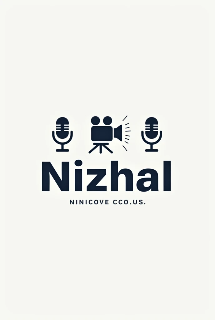 Create a logo for a media club with a text 'Nizhal' and around that placed camera, mic to represent media. Use minimal elements in the logo