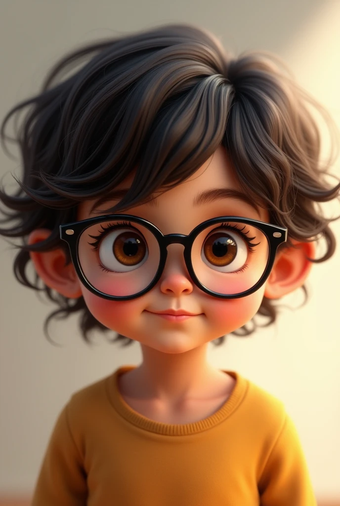 One with wavy, slightly curly, dark brown hair, big brown eyes, brown skin 1,50 tall wears black glasses child