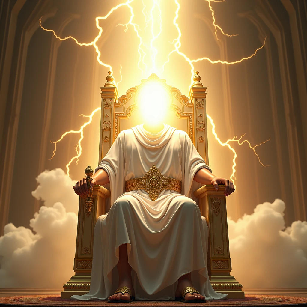 Make an ultra-realistic drawing, cinema picture, 4K resolution 1080px1025 A mighty throne of a king in heaven and a man in white robes sitting on it with a golden belt around his waist and Roman sandals. He holds a golden scepter in his hands, his face can't be seen, for a strong powerful light came out and said the throne and from it also came lightning bolts and thunder and an immense face. He seems to be very powerful, if he were God. however, his face can't be seen put a strong light coming out of his face, because no one can see the face of God. In place of the head, put a big ball of light.