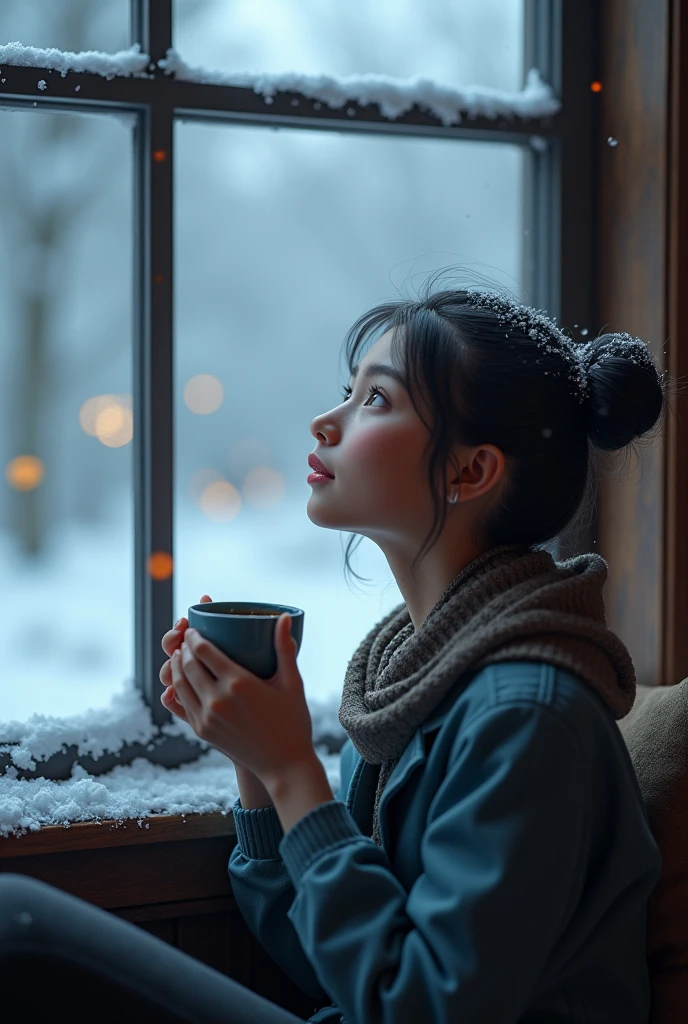 (best quality,4k,8k,highres,masterpiece:1.2),ultra-detailed,(realistic,photorealistic,photo-realistic:1.37),HDR,UHD,studio lighting,ultra-fine painting,sharp focus,physically-based rendering,extreme detail description,professional,vivid colors,bokeh,portrait,alone,sitting by the snow-covered window,looking up at the sky,drinking coffee,cool color palette,digital animation illustration,inspired by WLOP's artwork,ArtStation top,extremely detailed character,3D animation style,high-quality rendering