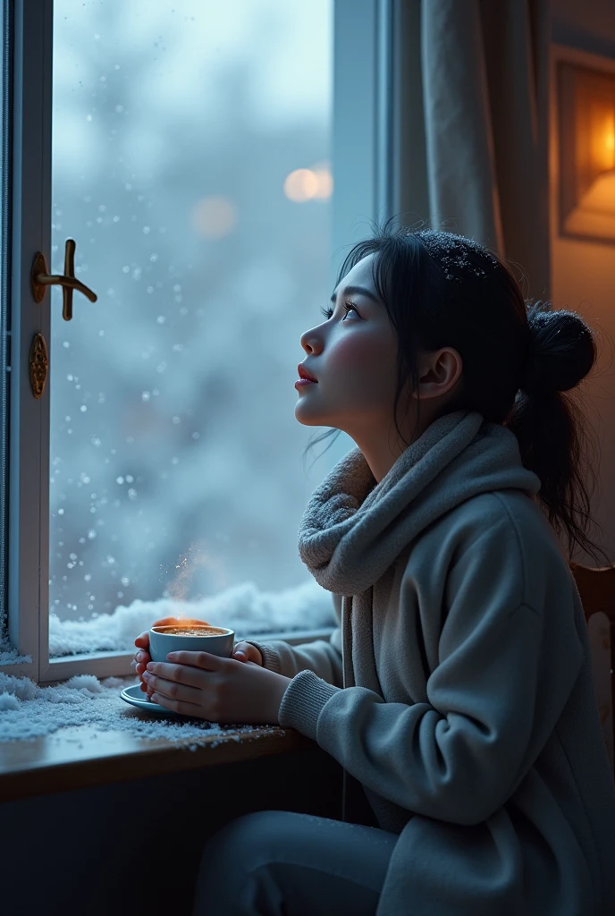 (best quality,4k,8k,highres,masterpiece:1.2),ultra-detailed,(realistic,photorealistic,photo-realistic:1.37),HDR,UHD,studio lighting,ultra-fine painting,sharp focus,physically-based rendering,extreme detail description,professional,vivid colors,bokeh,portrait,alone,sitting by the snow-covered window,looking up at the sky,drinking coffee,cool color palette,digital animation illustration,inspired by WLOP's artwork,ArtStation top,extremely detailed character,3D animation style,high-quality rendering