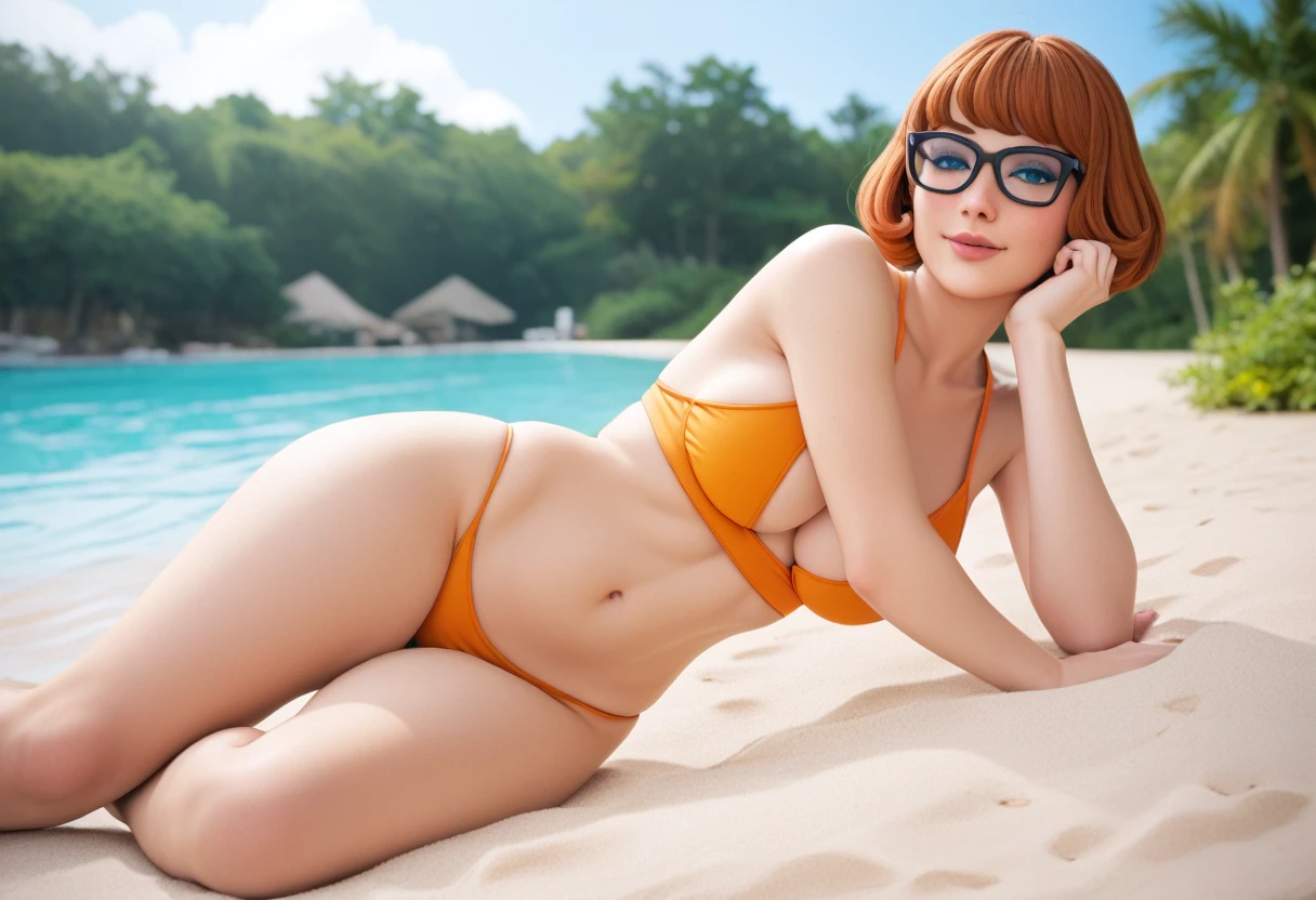 (Velma (human) bikini) full body, beside (Scooby Doo four footed Great Dane dog) on a deserted beach