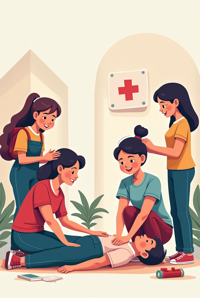 Show me the modern and vector illustration, with smooth, clean lines, and vibrant colors. The style is cartoonish but realistic., with friendly and varied expressions. The scene shows people performing first aid activities., with a minimalist background and elements related to the situation. People should be dressed casually and appropriately for a school environment.."
