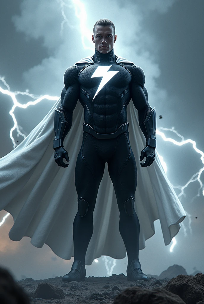 Create a hero with a black uniform with a lightning bolt on the chest and a white cape