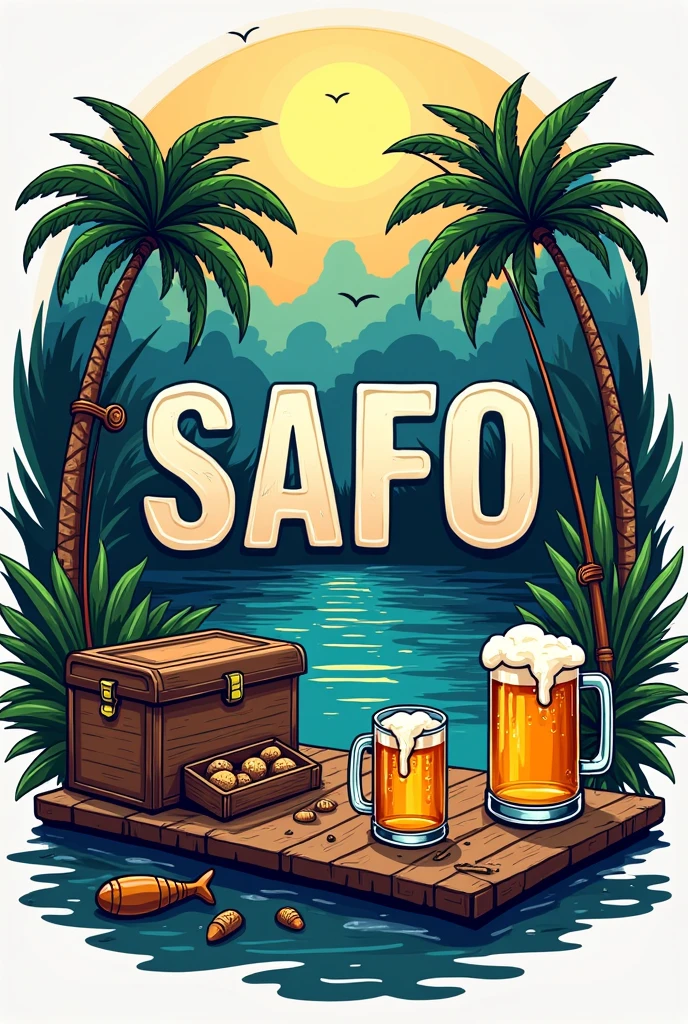 The logo of a South American fishing club, with equipment and beer mugs and the acronym SAFO