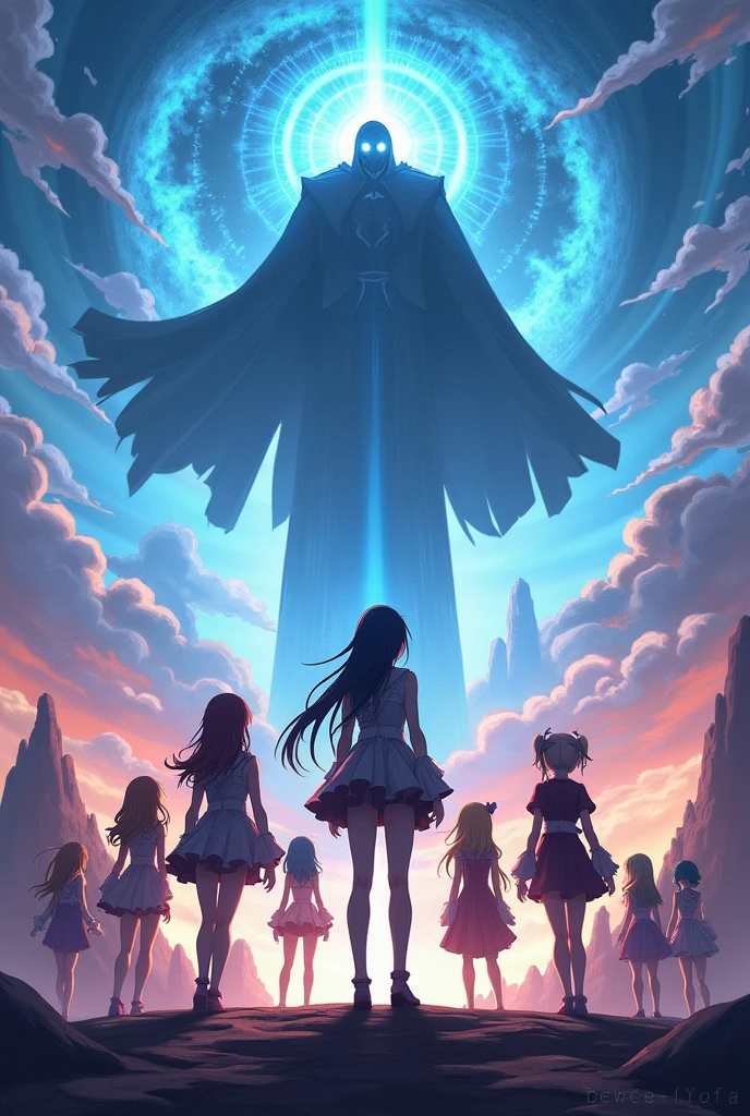 poster anime girls stand against the background of flying islands, a little higher there is Dzeno, the leader of the Delusional Regime, above them there is the inscription Multiverse 3: Equalization