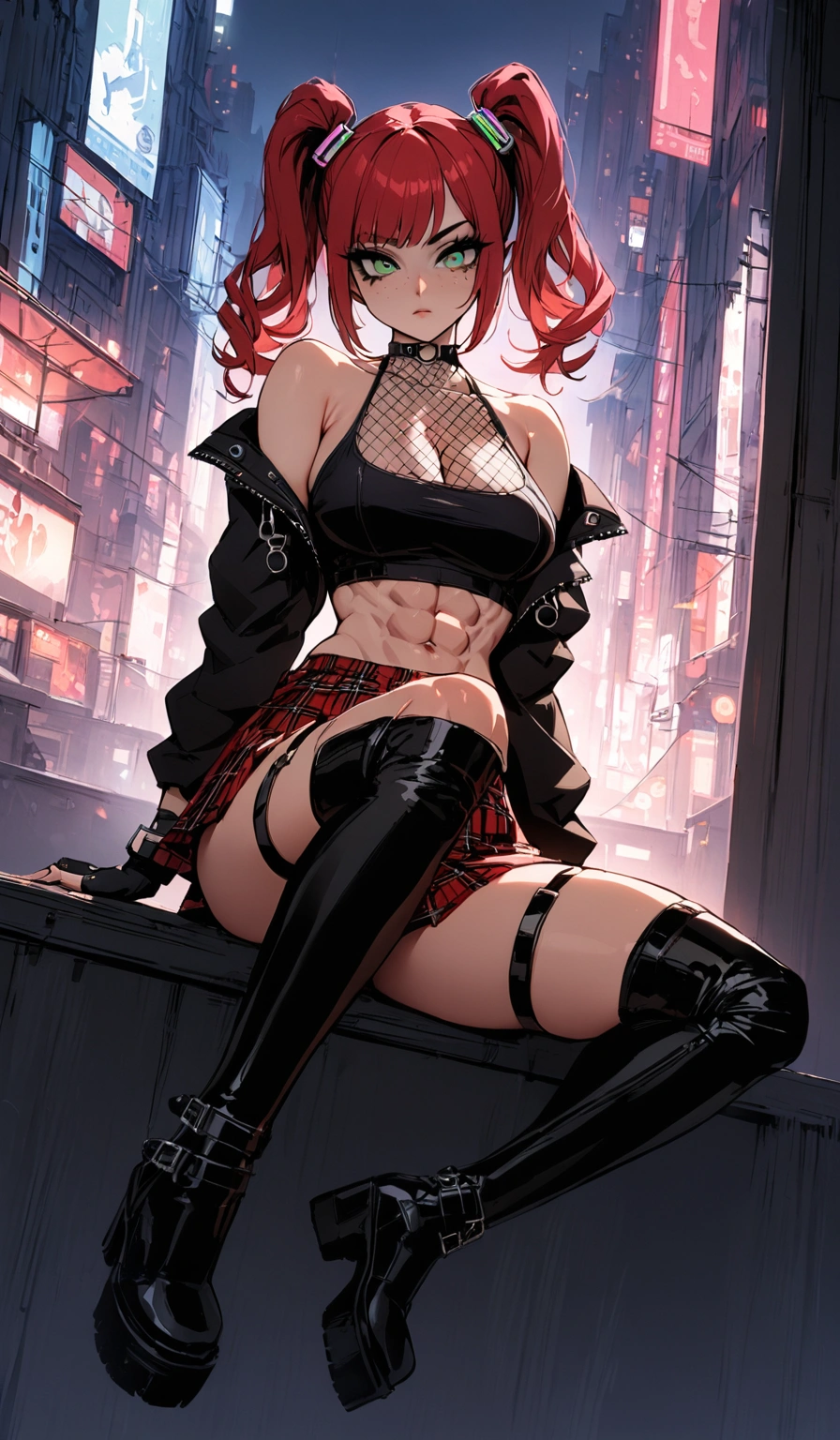 woman, stoic, curly red hair in pig tails, green eyes, black eyeshadow, wearing crop top black shirt, long black jacket, red plaid skirt, black knee high boots, black fingerless gloves, exposed shoulders, large breasts, freckles, abs, cleavage, looking down at viewer, masterpiece, best quality, Holo-Punk Style, cityscape, make up, eyelashes, fish net undershirt, fish net stockings, (full body), legs crossed
