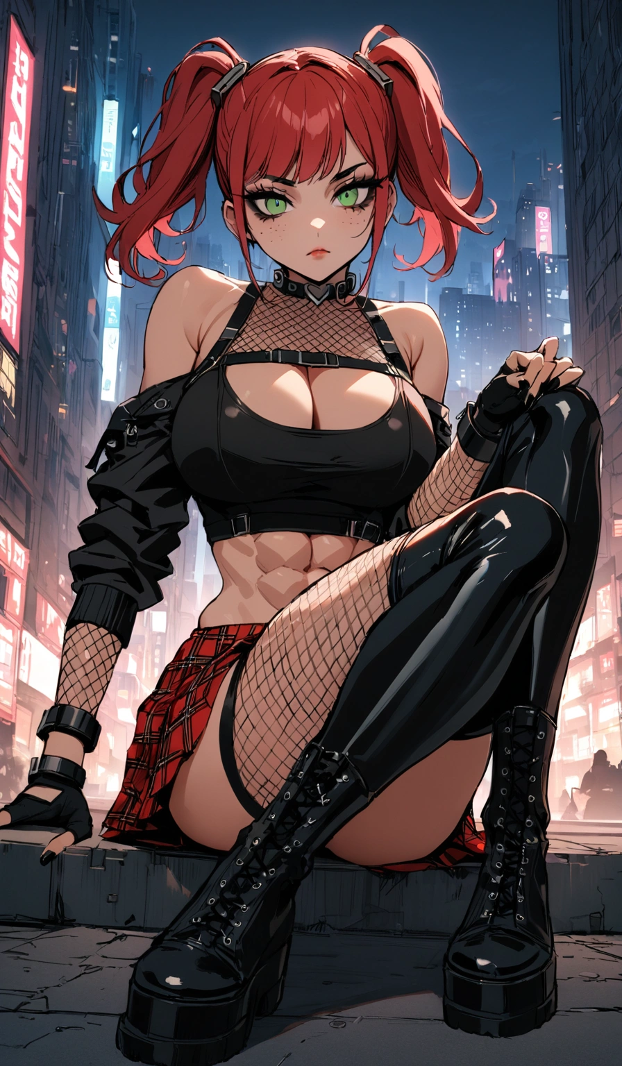 woman, stoic, curly red hair in pig tails, green eyes, black eyeshadow, wearing crop top black shirt, long black jacket, red plaid skirt, black knee high boots, black fingerless gloves, exposed shoulders, large breasts, freckles, abs, cleavage, looking down at viewer, masterpiece, best quality, Holo-Punk Style, cityscape, make up, eyelashes, fish net undershirt, fish net stockings, (full body), legs crossed