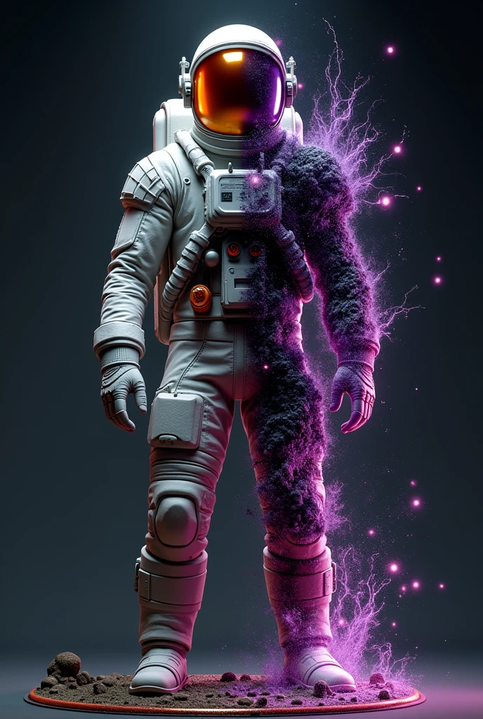 a character that is in the middle of a transformation from a human astronaut to a cosmic entity. The left side of the character should feature a detailed high-tech spacesuit with a glowing orange visor, representing the astronaut. The right side should depict a chaotic, alien-like form made of swirling purple and black cosmic energy with glowing elements. The transformation should be visibly in progress, with parts of the astronaut suit blending into the cosmic form. The background should be a dark gradient to highlight the contrast between the two sides. Include various symbols and objects beneath the figure that relate to the transformation process