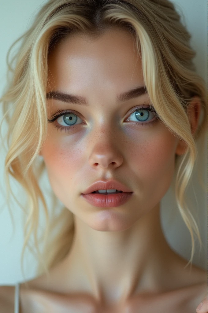 Feminine blonde man with well defined jawline, big round blue eyes, small short round nose , full lips, high set wide eyebrows