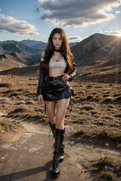 At sunset,Spectacular clouds,t-shirt, leather over coat, , (Reality:1.3), (best quality:1.0), (Ultra-high resolution:1.0), 8k, RAW photos, (masterpiece,best quality), 1 Girl, Delicate skin, Detailed eyes, (Long hair:1.2), (Large Breasts:1.1), (Explorer costume:1.3), Long legs,Boots,Standing in the mountains,Huge crane in the background