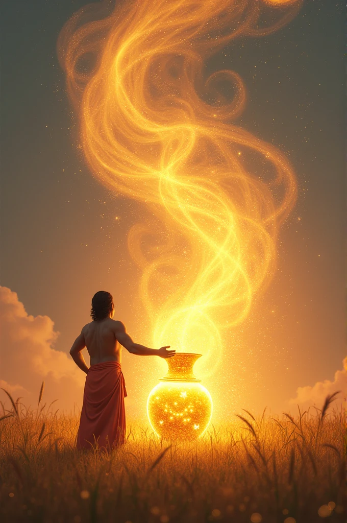 The Genie Emerging:**
   - *In the same field, Ram is now standing, holding the golden pot as a mystical, translucent genie begins to emerge. The genie is swirling upwards from the pot in a cloud of golden, sparkling mist, with a benevolent smile on its face. Ram’s expression is one of awe and disbelief as he looks up at the genie