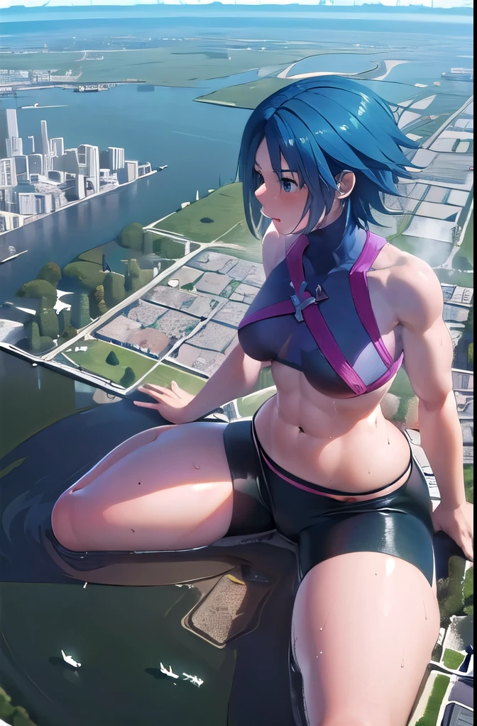 giantess, Only one girl, ((Super huge girl bigger than a island)), ((destroyed city)), navel, Long legs, Tightens abs, No chest leakage, crash city, tiny city, micro city, skinny pants, big assa, city, ((Sweat)), (((Falling sweat))), giga giantess, huge craters, Steam from the body, cracks in the ground, earthquak, blue sky, City, Small breasts, Blood, Woman with a lot of blood, ((Woman covered in blood), Bloody ass, aqua_kingdomhearts, hugebareast, Woman sitting on the street, A city stained with blood, スポーツウェア, スパッツ, Thighs, hugebreast, first-person view, anime, from above, from below, wide shot, panorama, best quality, masterpiece, highres,hugebreast