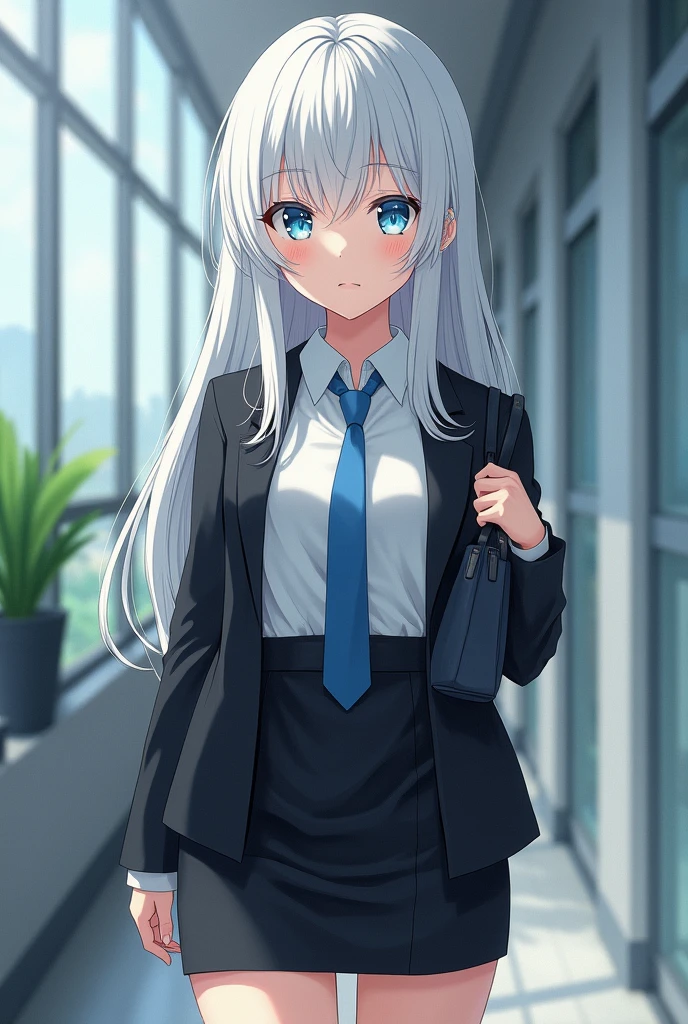 Albino, pretty girl, one girl, attractive whitish light blue eyes, ager, silver hair, Koko jormungand, business clothing, skirt, realistic photograph