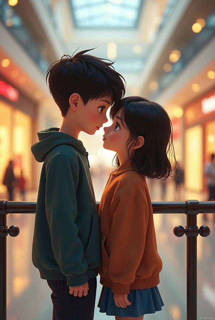 A boy and a girl stand side by side, holding the railing of a shopping mall. Their shoulders touch. And staring at the background 