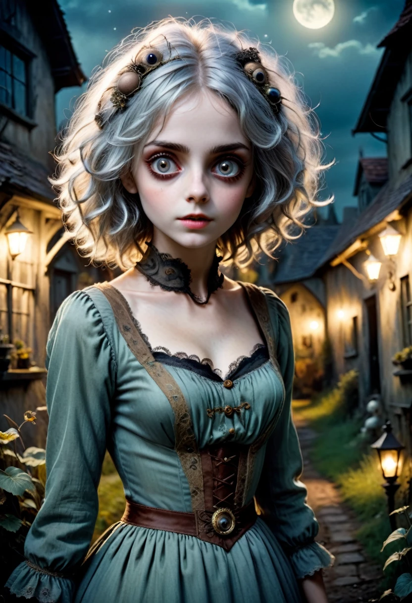 Vibrant, analog photo style, depths of field, (cute woman with big doll's eyes, messy grey hair, surrounded by a dark horrible antique setting), (don't be afraid of the night, be afraid of those you might meet at night), (her full body is a visual pleasure), extremely sexy, gloomy dark atmosphere, deep shadows with the some sun rays, a delicate balance between beauty and darkness, faded colours, great quality, Masterpiece, blurred gloomy background, naturally cinematic light, 16k quality, kodak porta 400, bokeh.