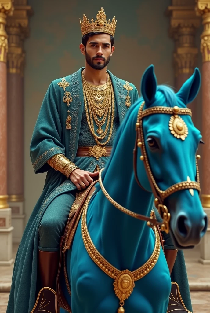 a man 28yrs ols sitting on a running blue hosre with wearing old golden jwellery and a cap of king of king out of an mahal