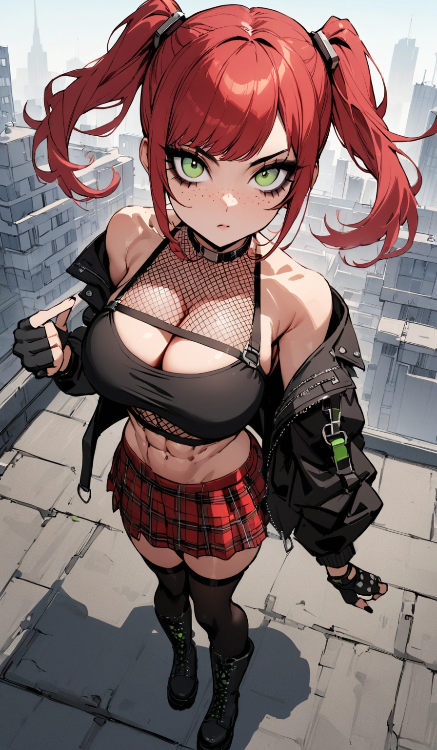 woman, stoic, curly red hair in pig tails, green eyes, black eyeshadow, wearing crop top black shirt, long black jacket, red plaid skirt, black knee high boots, black fingerless gloves, exposed shoulders, large breasts, freckles, abs, cleavage, looking up at viewer, masterpiece, best quality, Holo-Punk Style, on a rooftop, make up, eyelashes, fish net undershirt, fish net stockings, (full body)