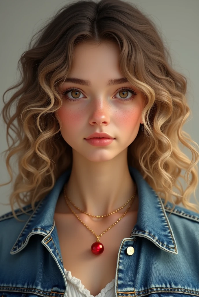19 year old girl realistic curly hair blonde brown eyes, with a necklace with a red pearl, denim coat