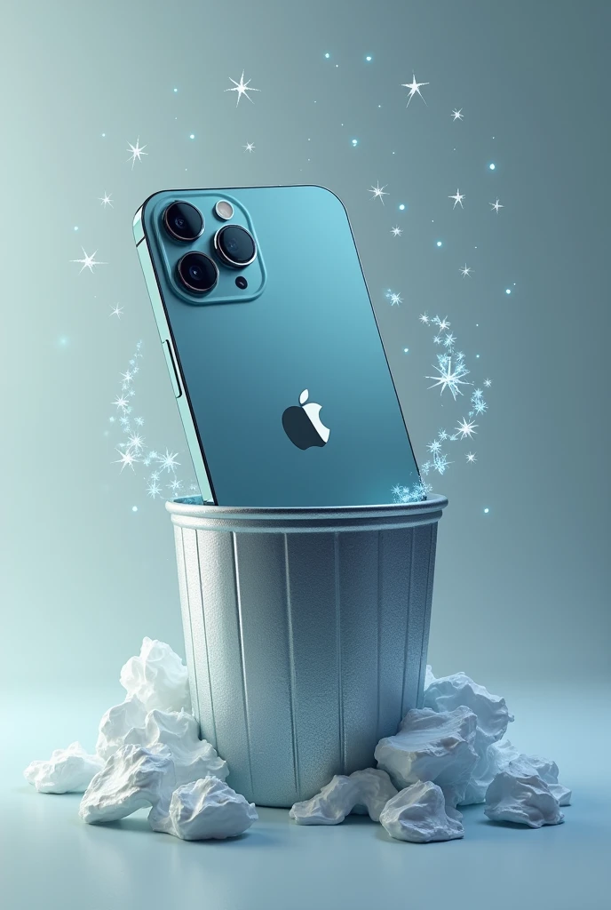 An iPhone 15 in the trash and an iPhone 16 with stars around it damn AI put an iPhone xr in a trash can 