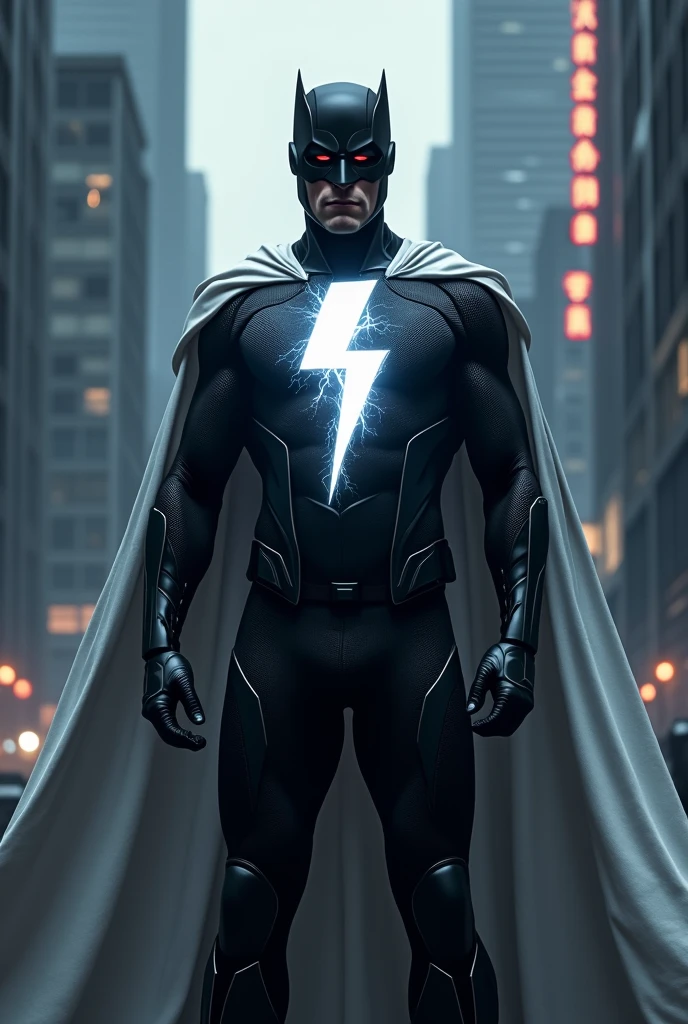 Create a hero with a black uniform with a lightning bolt on the chest with a white cape dc