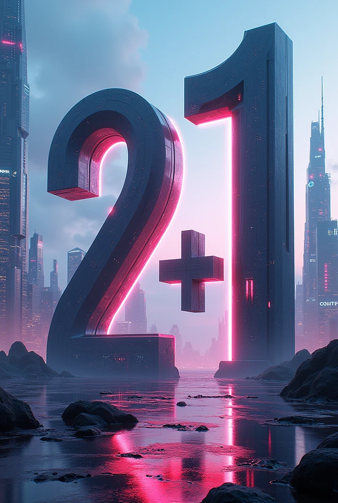 futuristic image with the number two, the plus sign and the number one put buildings in the background and ships very colorful and with more bright and neon lights the number 2 and the number one in building shapes
