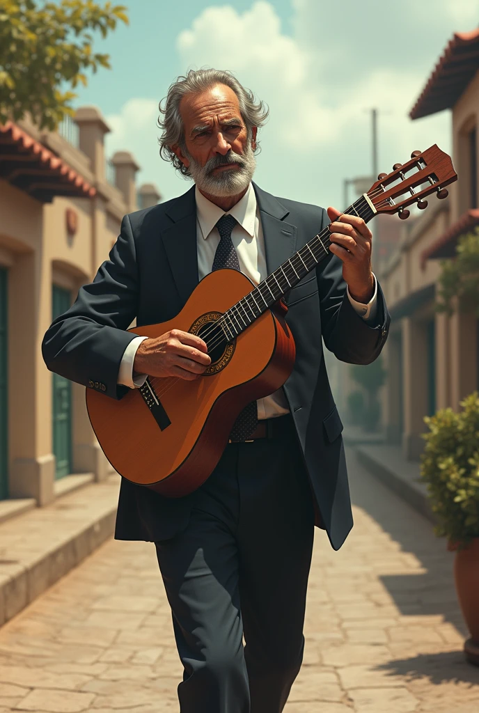 a Uruguayan Creole Gaucho man in a suit in his 50&#39;s walking playing Creole guitar

