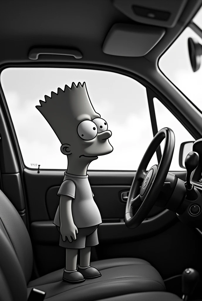 Bart simpsom in black and white standing with a wanting to open the car window