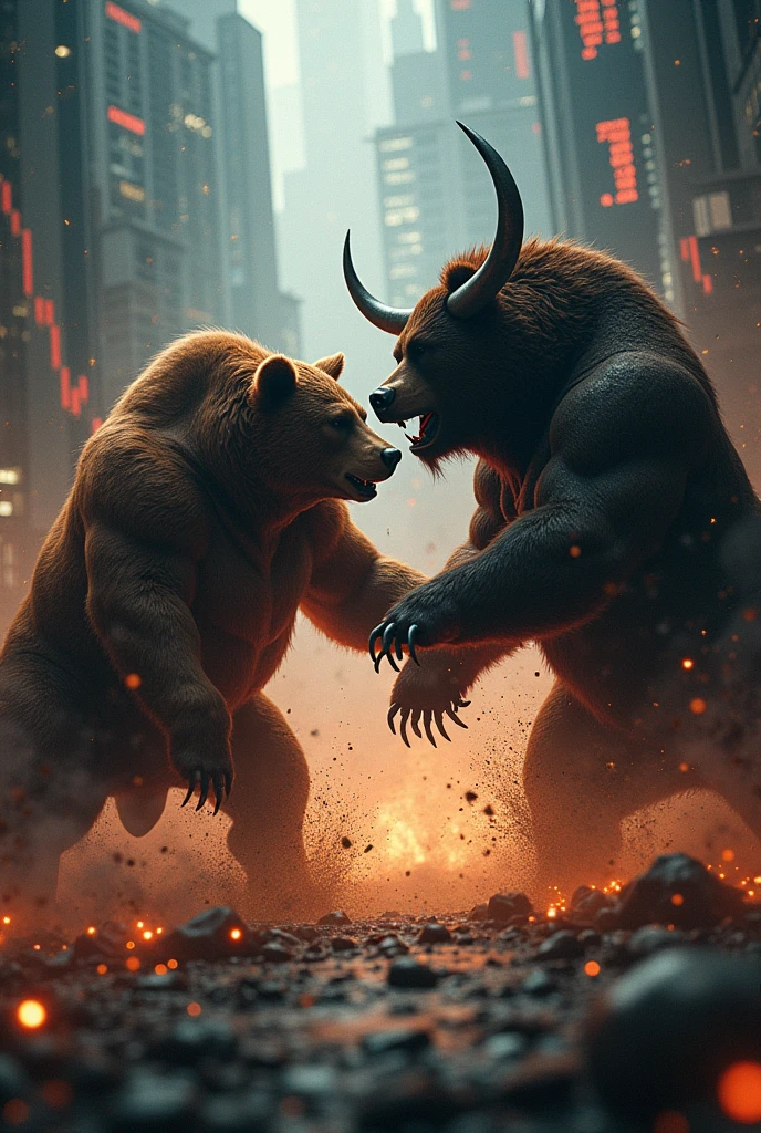 Day trade, candle stick, bull and bear fighting, dark tone