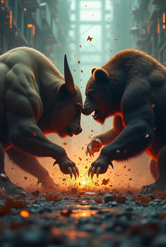 Day trade, candle stick, bull and bear fighting, dark tone