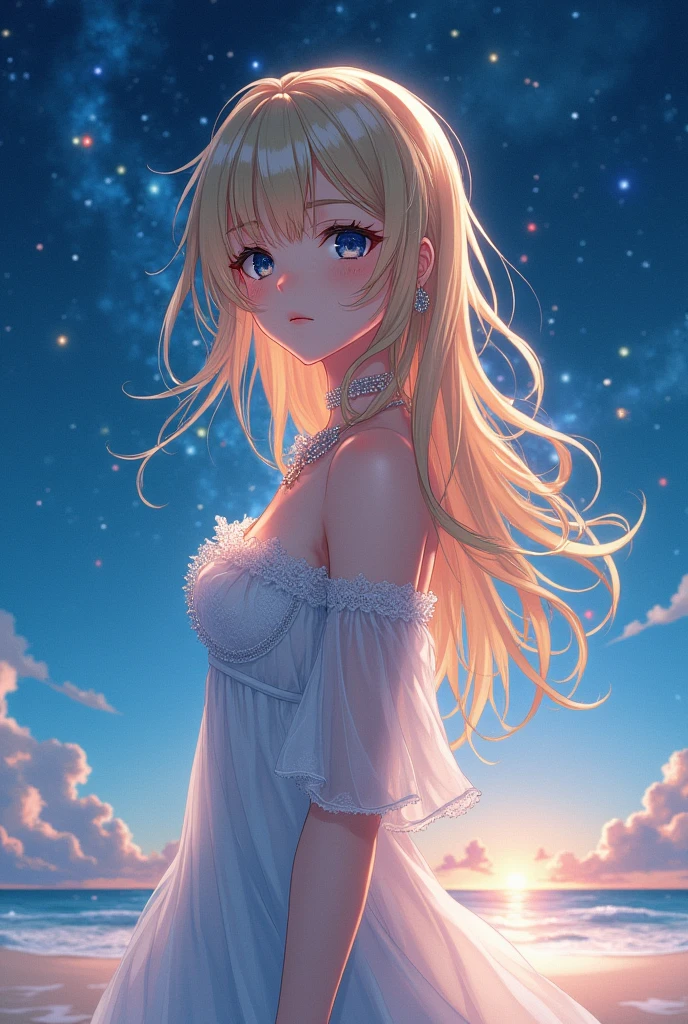 (masterpiece、Highest quality、8k、High resolution)、(The best beautiful girl)、Best Style、(The most beautiful face、Beautiful Skin、Clean blue eyes、Beautiful Lips、Beautiful Nose)、Blonde、Ample breasts、White lace dress、Walking on the beach、look back、Ocean、You can see the forest、A bright night with the stars clearly visible、Beautiful starry sky、milky way、(体whole bodyから神秘的な光の粒子、Colorful light)、(jewelry、necklace)、(whole body)、Highly detailed anime art、A complete portrayal、