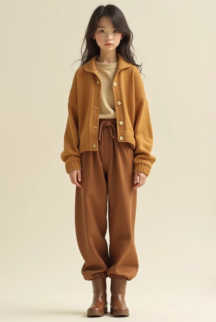 Brown top of cotton wool material, brown pant and brown boots wearing a girl