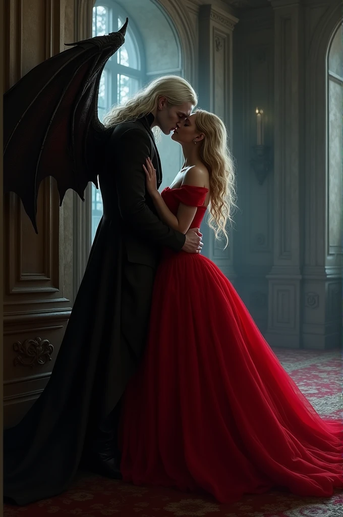 In a dimmed dark castles ballroom, there is a white long haired male vampire, kissing a blonde girl in a red ballgown. The girl is pushed against the wall by the vampire. He has bat wings, that are on his back. Their faces are not visible