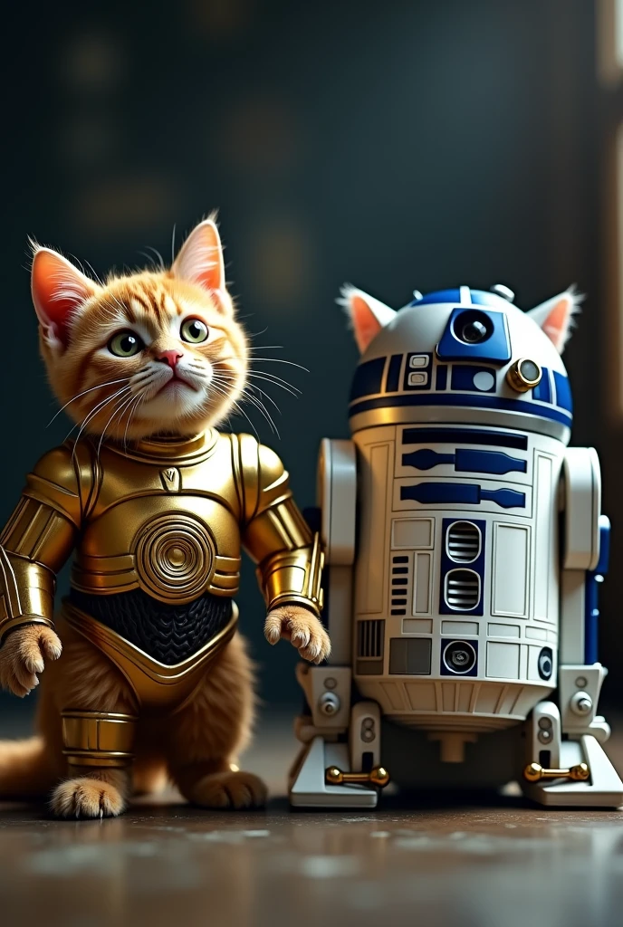 A cat dressed as C3PO from Star Wars and a cat dressed as R2D2.dramatic,4K