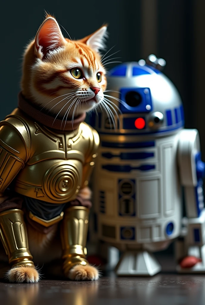 A cat dressed as C3PO from Star Wars and a cat dressed as R2D2.dramatic,4K