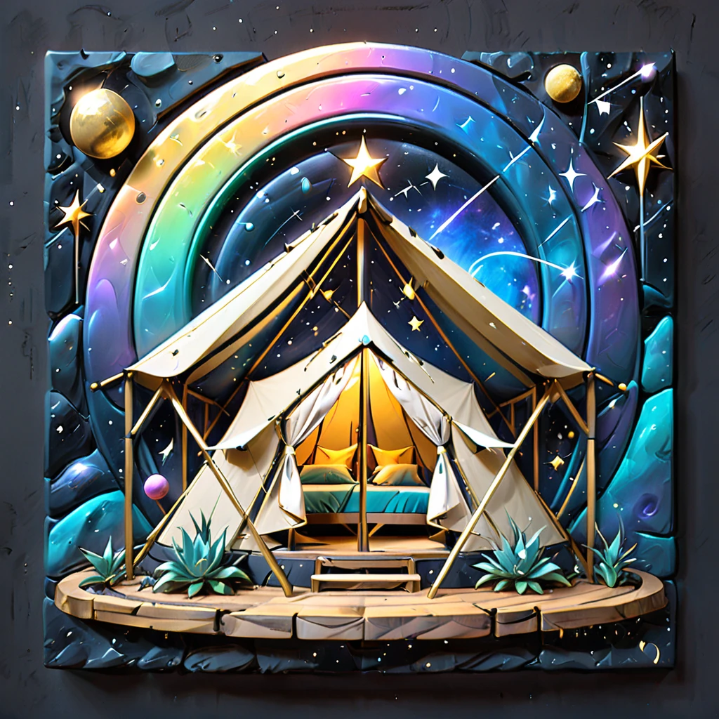 Glamping、symbol、Three-dimensional、Shine、Shine、gold、The background is the universe.